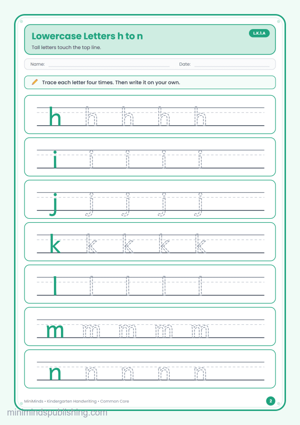 Lowercase Letters h to n — free printable Kindergarten handwriting worksheet for ages 5-6 (Common Core L.K.1.A)