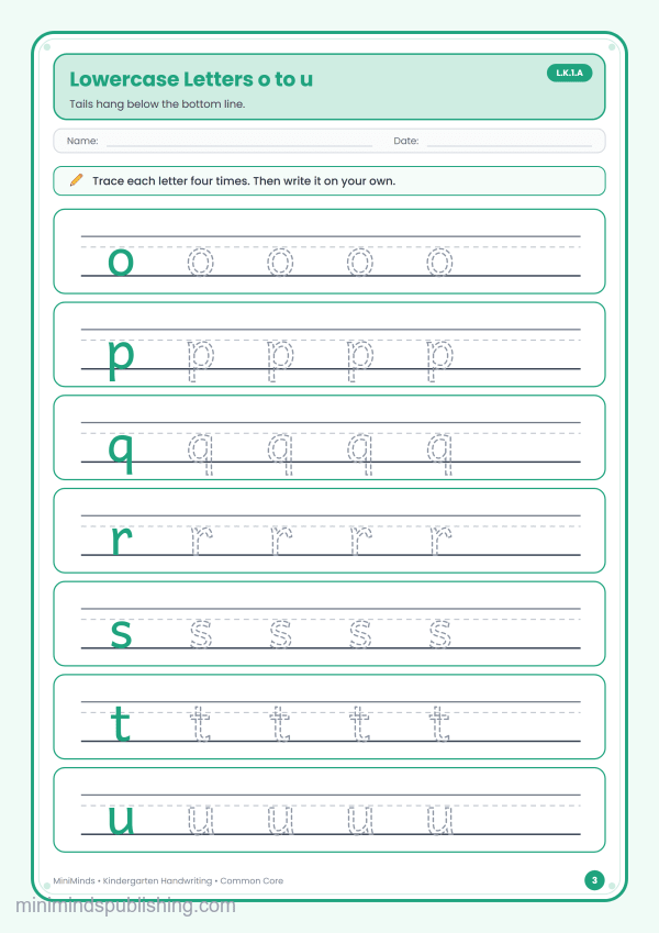 Lowercase Letters o to u — free printable Kindergarten handwriting worksheet for ages 5-6 (Common Core L.K.1.A)