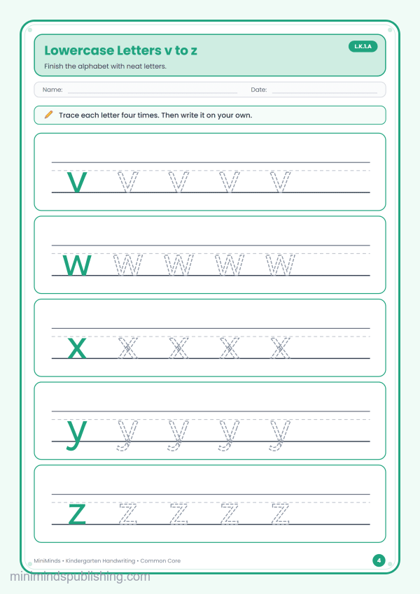 Lowercase Letters v to z — free printable Kindergarten handwriting worksheet for ages 5-6 (Common Core L.K.1.A)