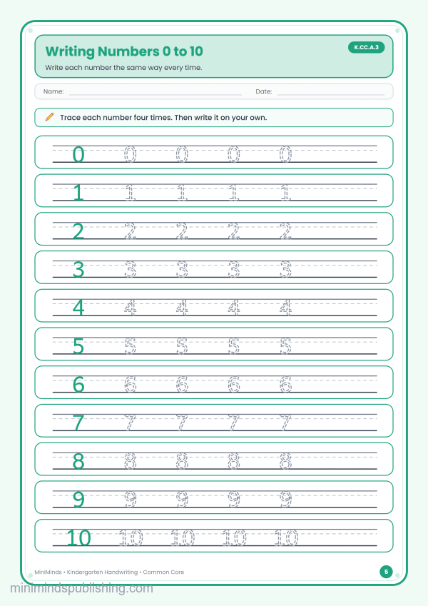 Writing Numbers 0 to 10 — free printable Kindergarten handwriting worksheet for ages 5-6 (Common Core K.CC.A.3)