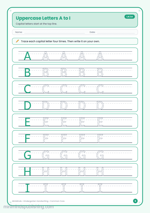 Uppercase Letters A to I — free printable Kindergarten handwriting worksheet for ages 5-6 (Common Core L.K.1.A)