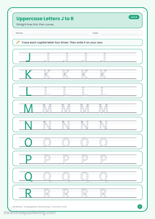 Uppercase Letters J to R — free printable Kindergarten handwriting worksheet for ages 5-6 (Common Core L.K.1.A)