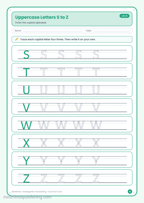 Uppercase Letters S to Z — free printable Kindergarten handwriting worksheet for ages 5-6 (Common Core L.K.1.A)