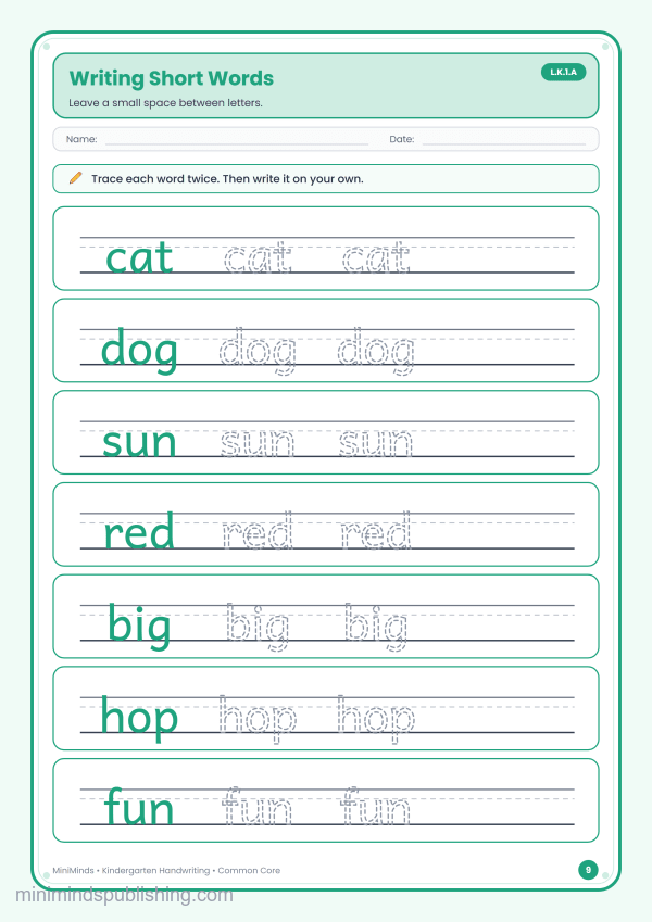 Writing Short Words — free printable Kindergarten handwriting worksheet for ages 5-6 (Common Core L.K.1.A)