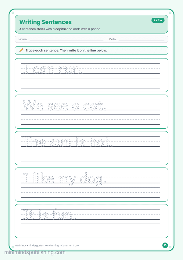 Writing Sentences — free printable Kindergarten handwriting worksheet for ages 5-6 (Common Core L.K.2.A)