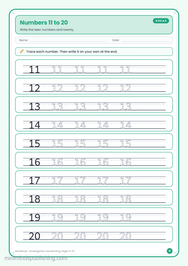 Numbers 11 to 20 — free printable Kindergarten handwriting worksheet for ages 5-6 (Common Core K.CC.A.3)