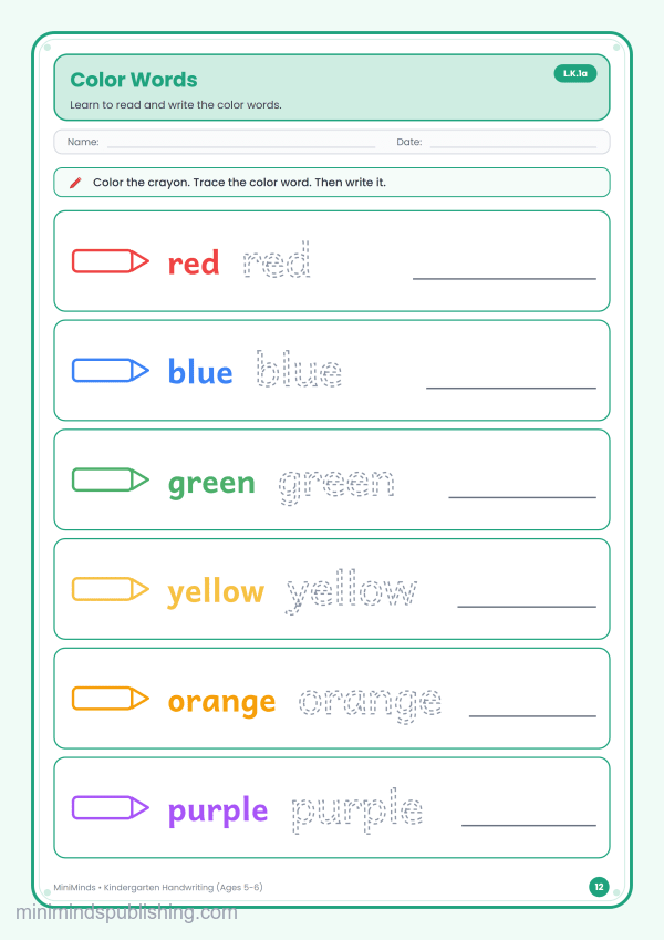 Color Words — free printable Kindergarten handwriting worksheet for ages 5-6 (Common Core L.K.1a)