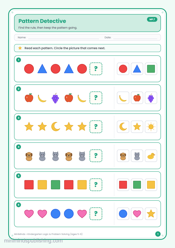 Pattern Detective — free printable Kindergarten logic & problem solving worksheet for ages 5-6 (Common Core MP.7)