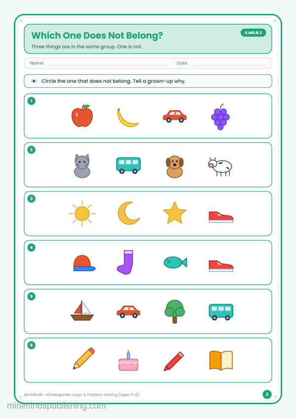 Which One Does Not Belong? — free printable Kindergarten logic & problem solving worksheet for ages 5-6 (Common Core K.MD.B.3)