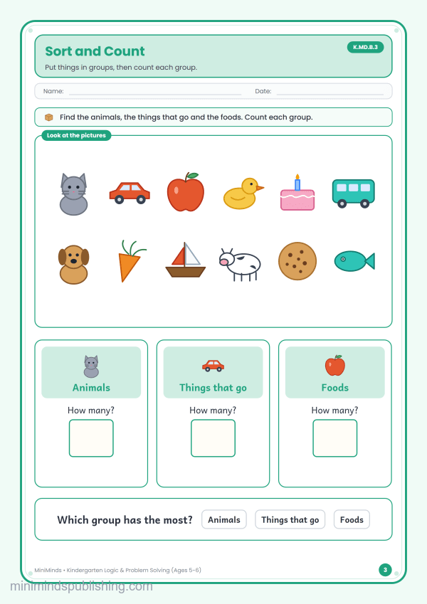 Sort and Count — free printable Kindergarten logic & problem solving worksheet for ages 5-6 (Common Core K.MD.B.3)