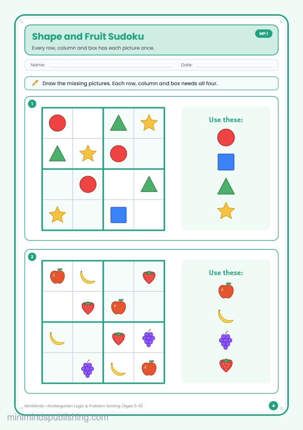 Shape and Fruit Sudoku — free printable Kindergarten logic & problem solving worksheet for ages 5-6 (Common Core MP.1)