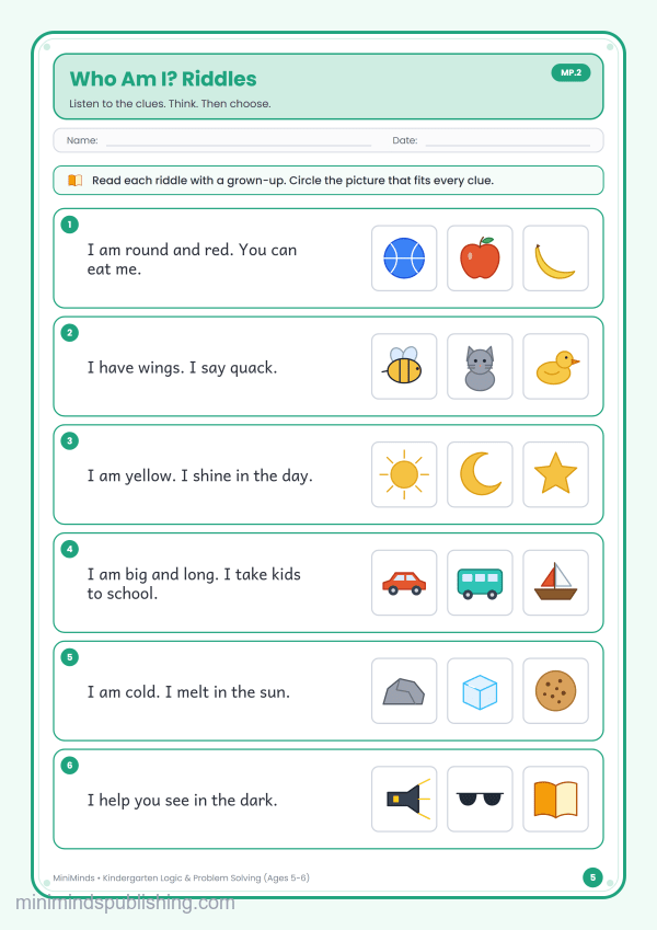 Who Am I? Riddles — free printable Kindergarten logic & problem solving worksheet for ages 5-6 (Common Core MP.2)
