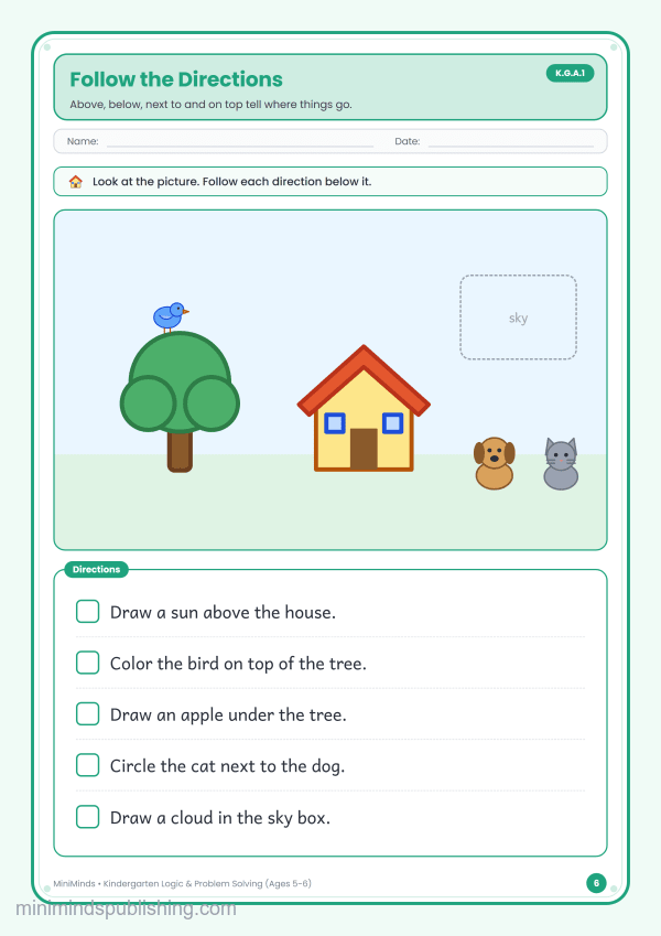 Follow the Directions — free printable Kindergarten logic & problem solving worksheet for ages 5-6 (Common Core K.G.A.1)