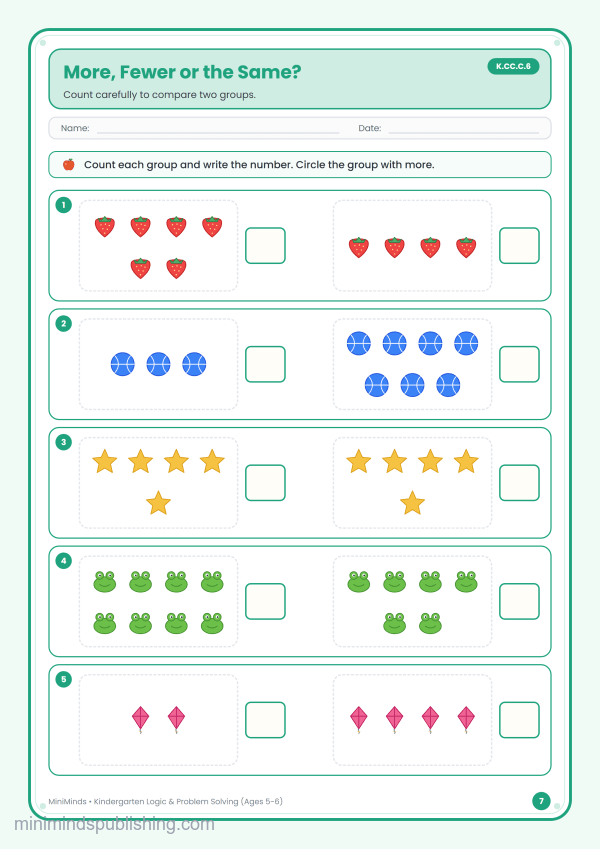 More, Fewer or the Same? — free printable Kindergarten logic & problem solving worksheet for ages 5-6 (Common Core K.CC.C.6)