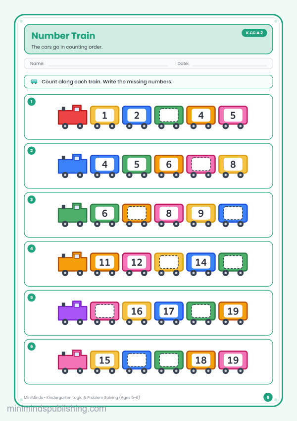 Number Train — free printable Kindergarten logic & problem solving worksheet for ages 5-6 (Common Core K.CC.A.2)