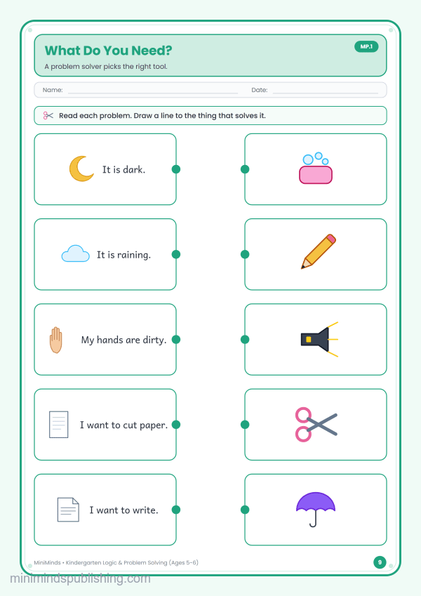 What Do You Need? — free printable Kindergarten logic & problem solving worksheet for ages 5-6 (Common Core MP.1)