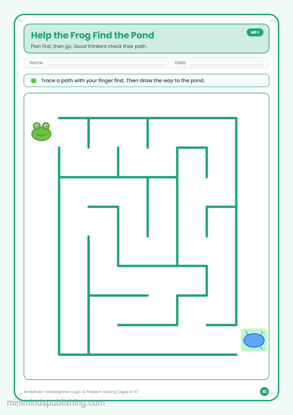 Help the Frog Find the Pond — free printable Kindergarten logic & problem solving worksheet for ages 5-6 (Common Core MP.1)