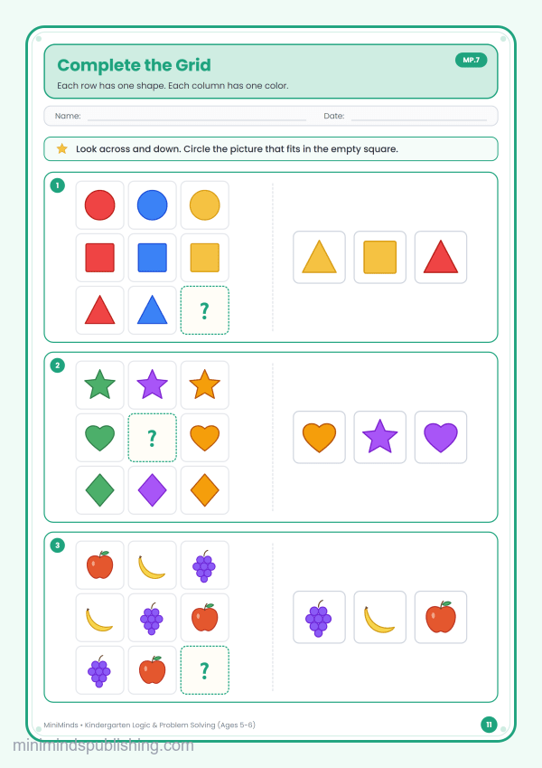 Complete the Grid — free printable Kindergarten logic & problem solving worksheet for ages 5-6 (Common Core MP.7)
