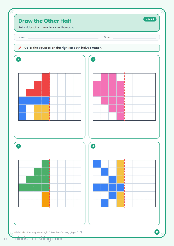 Draw the Other Half — free printable Kindergarten logic & problem solving worksheet for ages 5-6 (Common Core K.G.B.5)
