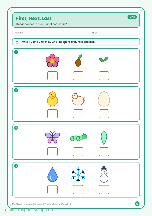 First, Next, Last — free printable Kindergarten logic & problem solving worksheet for ages 5-6 (Common Core MP.2)