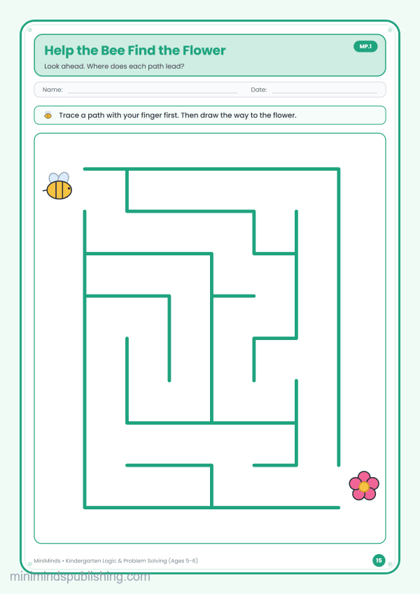 Help the Bee Find the Flower — free printable Kindergarten logic & problem solving worksheet for ages 5-6 (Common Core MP.1)