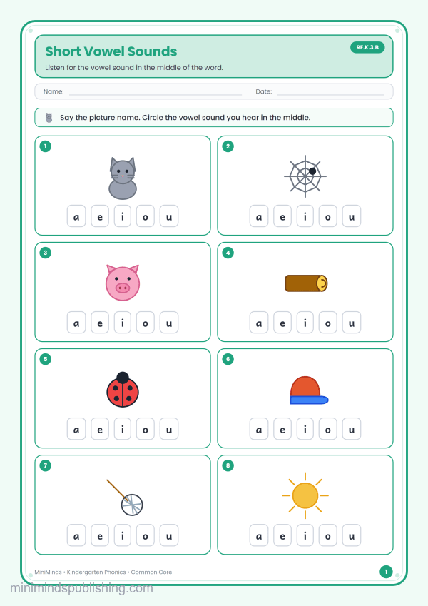 Short Vowel Sounds — free printable Kindergarten phonics worksheet for ages 5-6 (Common Core RF.K.3.B)