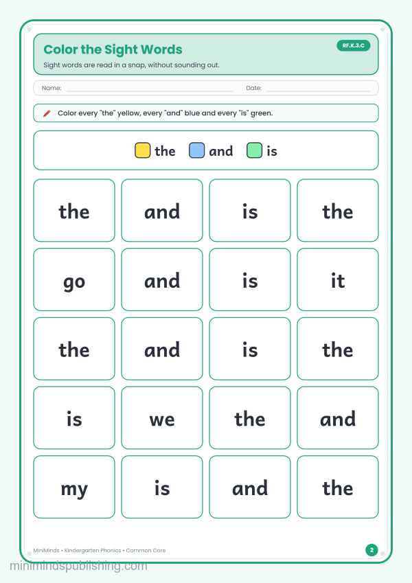 Color the Sight Words — free printable Kindergarten phonics worksheet for ages 5-6 (Common Core RF.K.3.C)