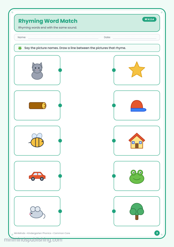 Rhyming Word Match — free printable Kindergarten phonics worksheet for ages 5-6 (Common Core RF.K.2.A)