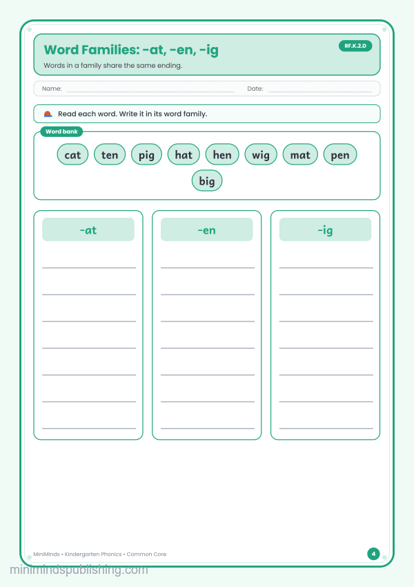 Word Families: -at, -en, -ig — free printable Kindergarten phonics worksheet for ages 5-6 (Common Core RF.K.2.D)