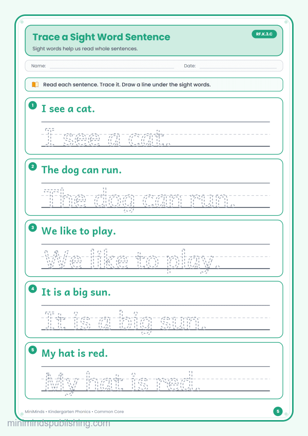 Trace a Sight Word Sentence — free printable Kindergarten phonics worksheet for ages 5-6 (Common Core RF.K.3.C)