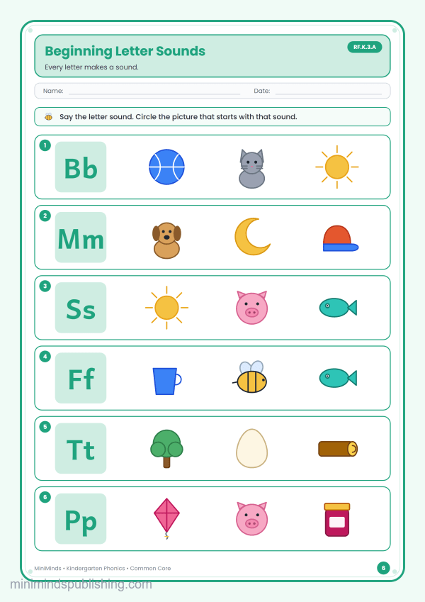 Beginning Letter Sounds — free printable Kindergarten phonics worksheet for ages 5-6 (Common Core RF.K.3.A)