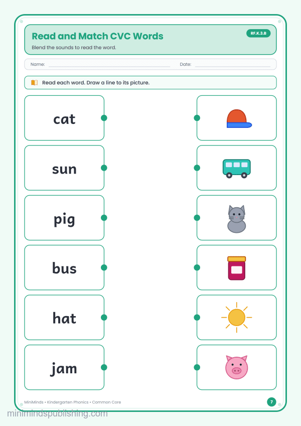 Read and Match CVC Words — free printable Kindergarten phonics worksheet for ages 5-6 (Common Core RF.K.3.B)