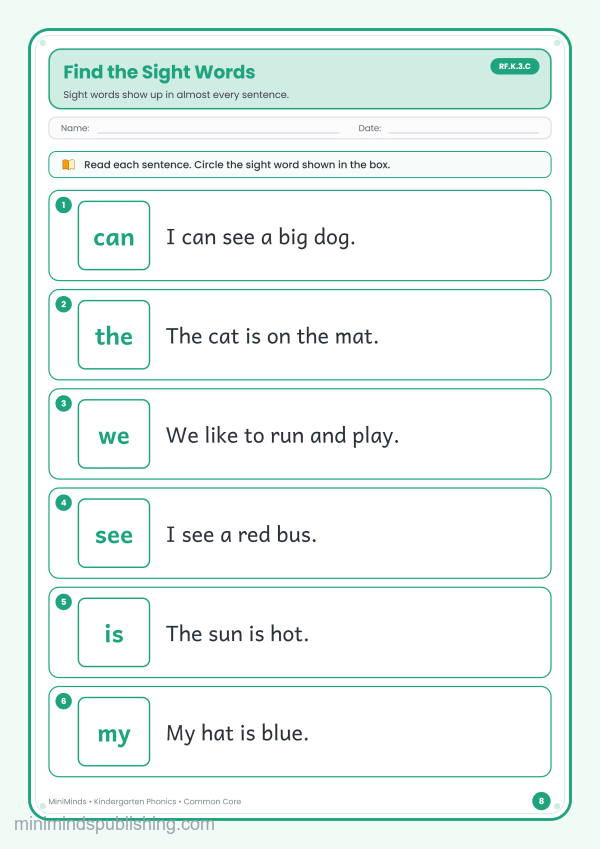 Find the Sight Words — free printable Kindergarten phonics worksheet for ages 5-6 (Common Core RF.K.3.C)