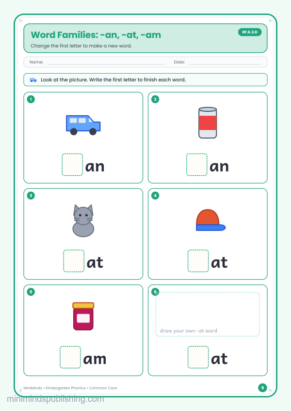 Word Families: -an, -at, -am — free printable Kindergarten phonics worksheet for ages 5-6 (Common Core RF.K.2.D)