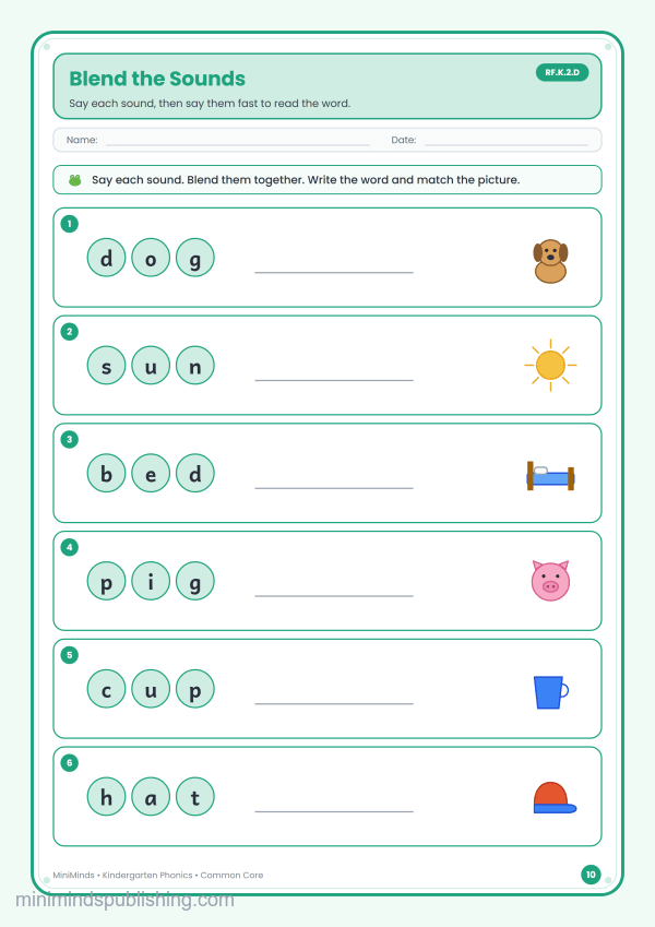 Blend the Sounds — free printable Kindergarten phonics worksheet for ages 5-6 (Common Core RF.K.2.D)