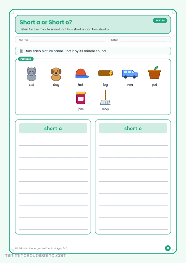 Short a or Short o? — free printable Kindergarten phonics worksheet for ages 5-6 (Common Core RF.K.2d)