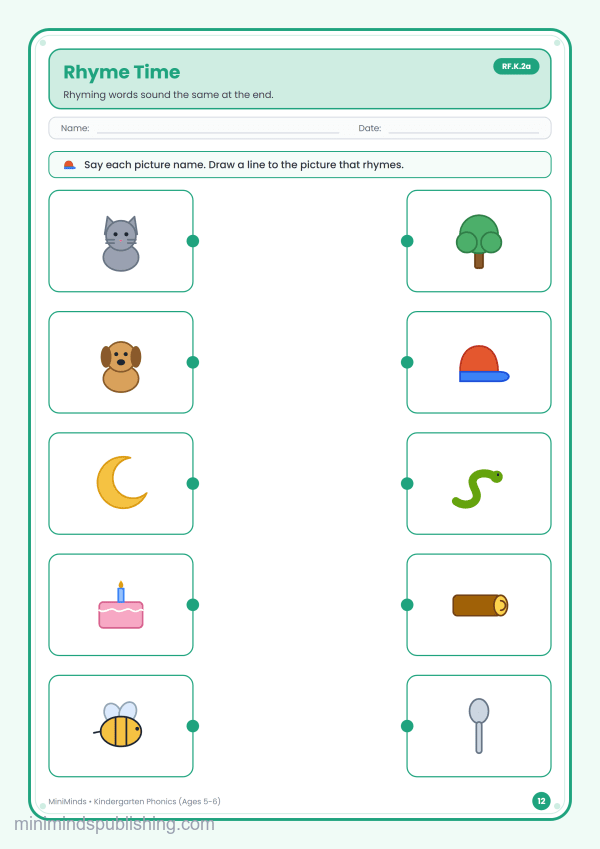 Rhyme Time — free printable Kindergarten phonics worksheet for ages 5-6 (Common Core RF.K.2a)
