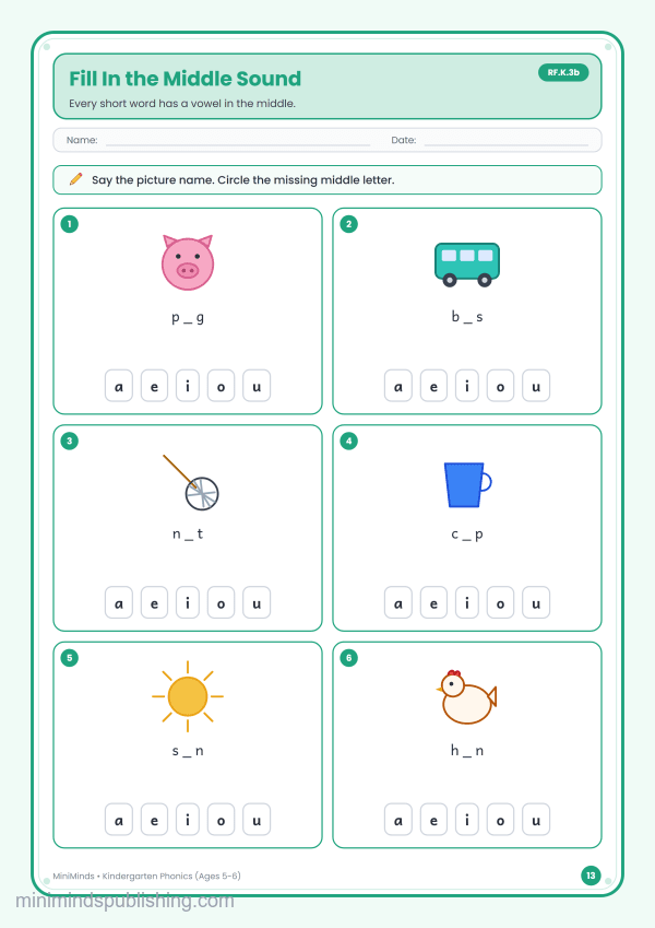 Fill In the Middle Sound — free printable Kindergarten phonics worksheet for ages 5-6 (Common Core RF.K.3b)