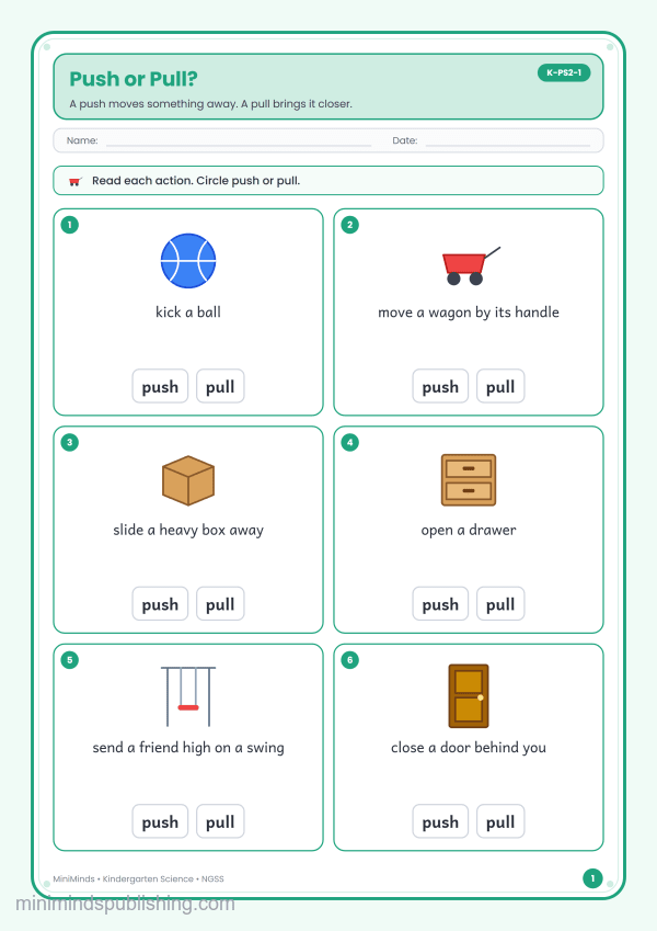 Push or Pull? — free printable Kindergarten science worksheet for ages 5-6 (Common Core K-PS2-1)