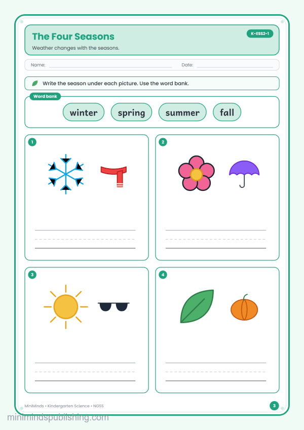 The Four Seasons — free printable Kindergarten science worksheet for ages 5-6 (Common Core K-ESS2-1)