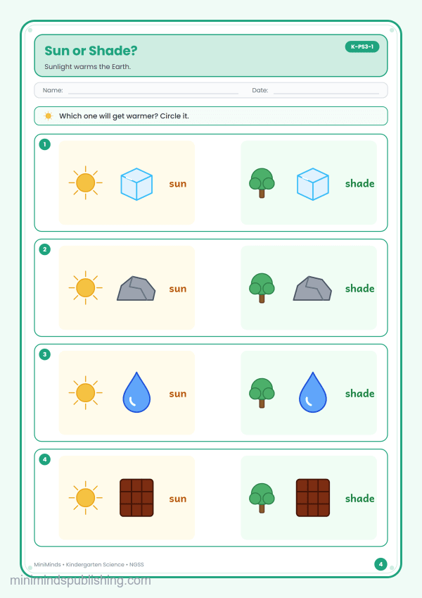 Sun or Shade? — free printable Kindergarten science worksheet for ages 5-6 (Common Core K-PS3-1)