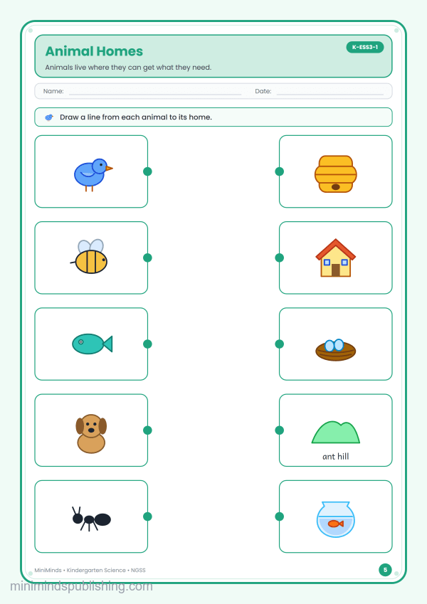 Animal Homes — free printable Kindergarten science worksheet for ages 5-6 (Common Core K-ESS3-1)