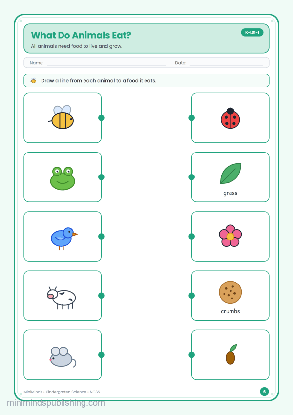 What Do Animals Eat? — free printable Kindergarten science worksheet for ages 5-6 (Common Core K-LS1-1)
