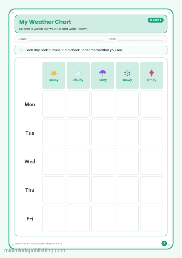 My Weather Chart — free printable Kindergarten science worksheet for ages 5-6 (Common Core K-ESS2-1)