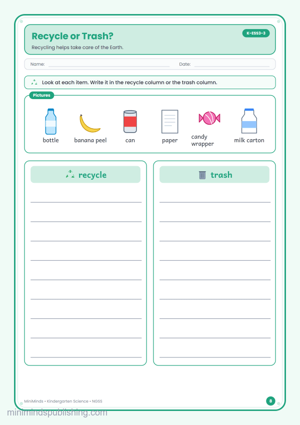 Recycle or Trash? — free printable Kindergarten science worksheet for ages 5-6 (Common Core K-ESS3-3)