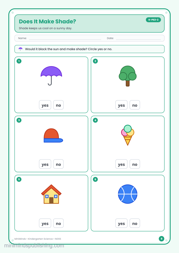Does It Make Shade? — free printable Kindergarten science worksheet for ages 5-6 (Common Core K-PS3-2)
