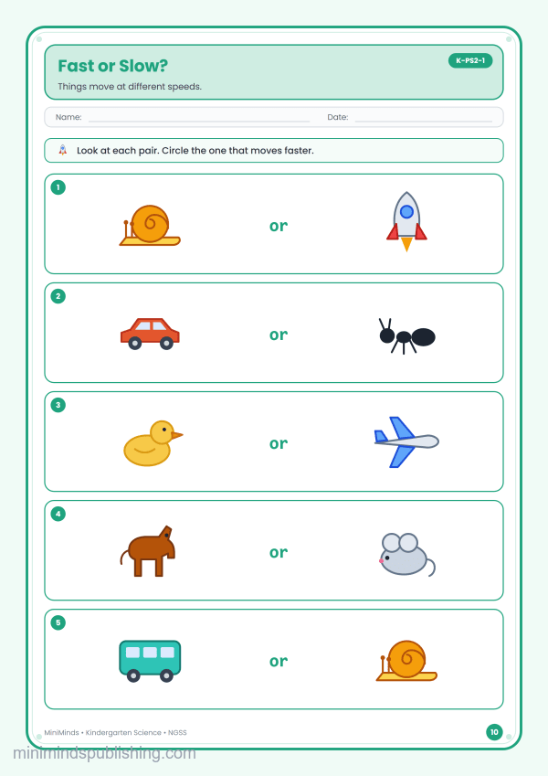 Fast or Slow? — free printable Kindergarten science worksheet for ages 5-6 (Common Core K-PS2-1)