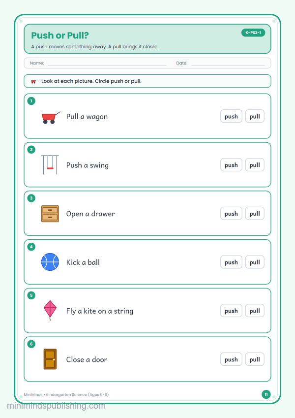 Push or Pull? — free printable Kindergarten science worksheet for ages 5-6 (Common Core K-PS2-1)