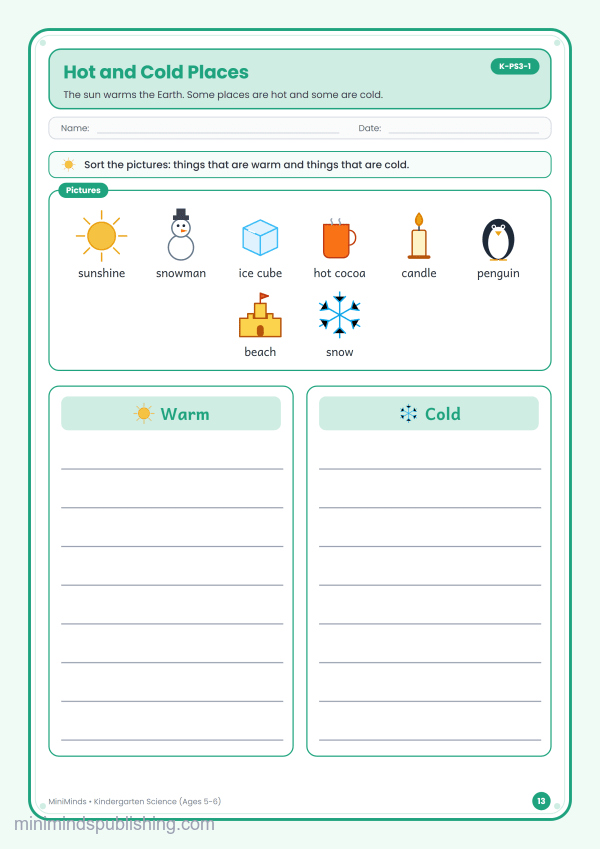 Hot and Cold Places — free printable Kindergarten science worksheet for ages 5-6 (Common Core K-PS3-1)