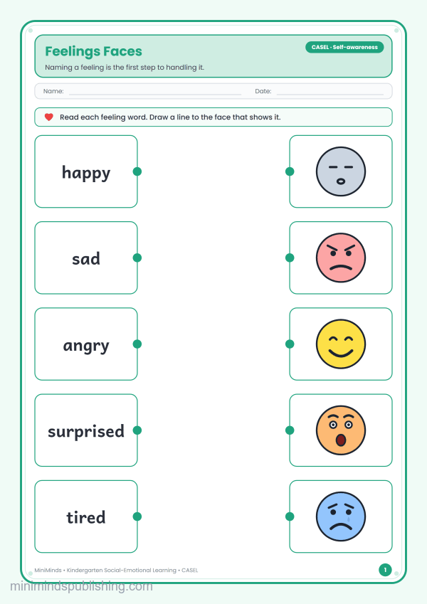 Feelings Faces — free printable Kindergarten social-emotional learning worksheet for ages 5-6 (Common Core CASEL · Self-awareness)